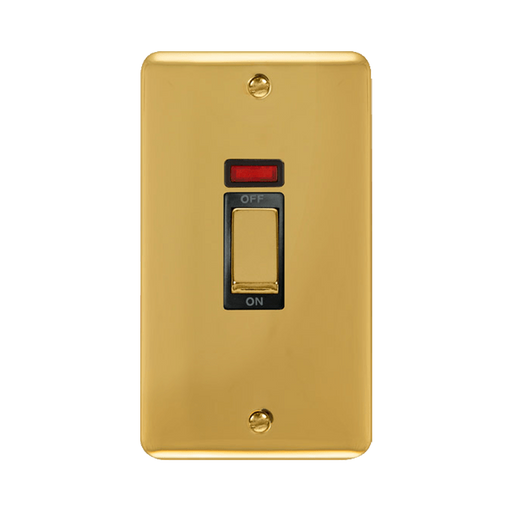 Front view of Click Deco Plus Polished Brass 45A Cooker Switch with Neon