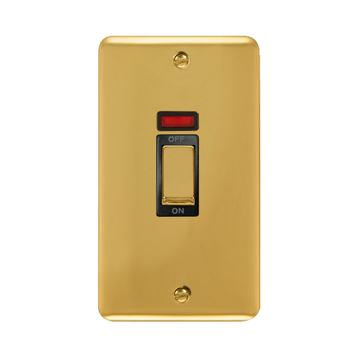 Front view of Click Deco Plus Polished Brass 45A Cooker Switch with Neon
