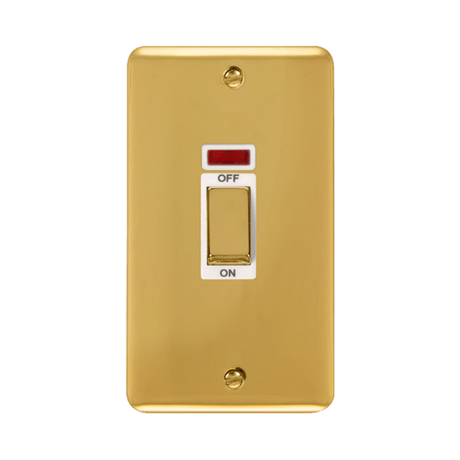 Front view of Click Deco Plus Polished Brass 45A Cooker Switch with Neon
