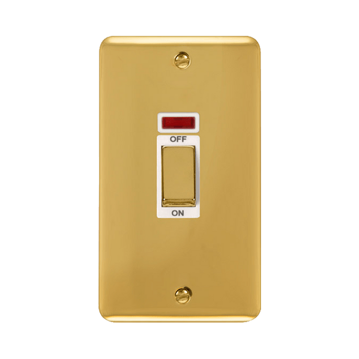 Front view of Click Deco Plus Polished Brass 45A Cooker Switch with Neon