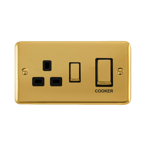 Front view of Click Deco Plus Polished Brass 45A Cooker Switch with 13A Socket