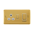 Front view of Click Deco Plus Polished Brass 45A Cooker Switch with 13A Socket