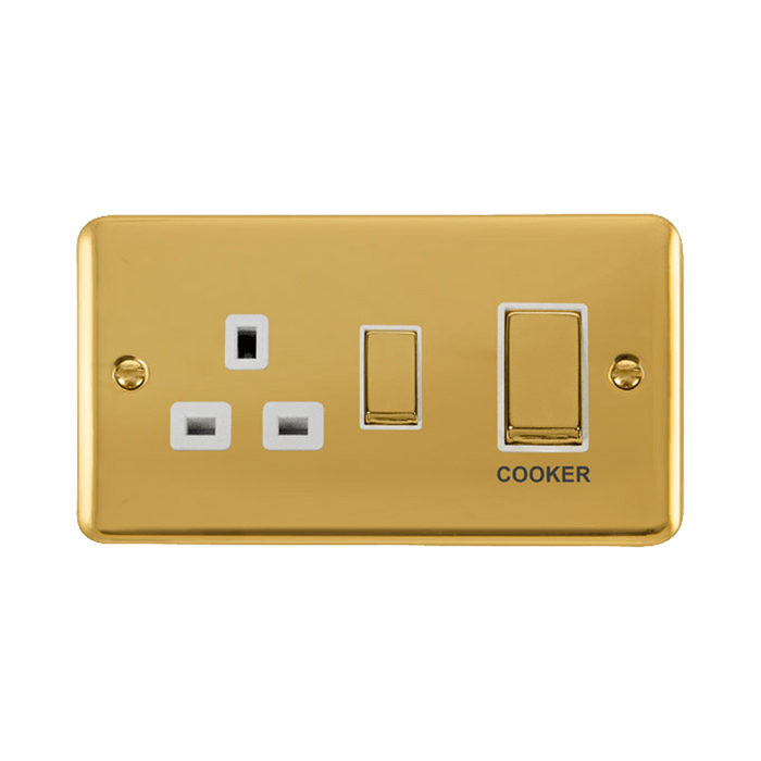 Front view of Click Deco Plus Polished Brass 45A Cooker Switch with 13A Socket