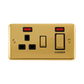 Front view of Click Deco Plus Polished Brass 45A Cooker Switch with 13A Socket