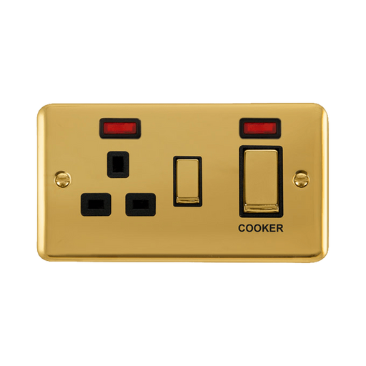 Front view of Click Deco Plus Polished Brass 45A Cooker Switch with 13A Socket