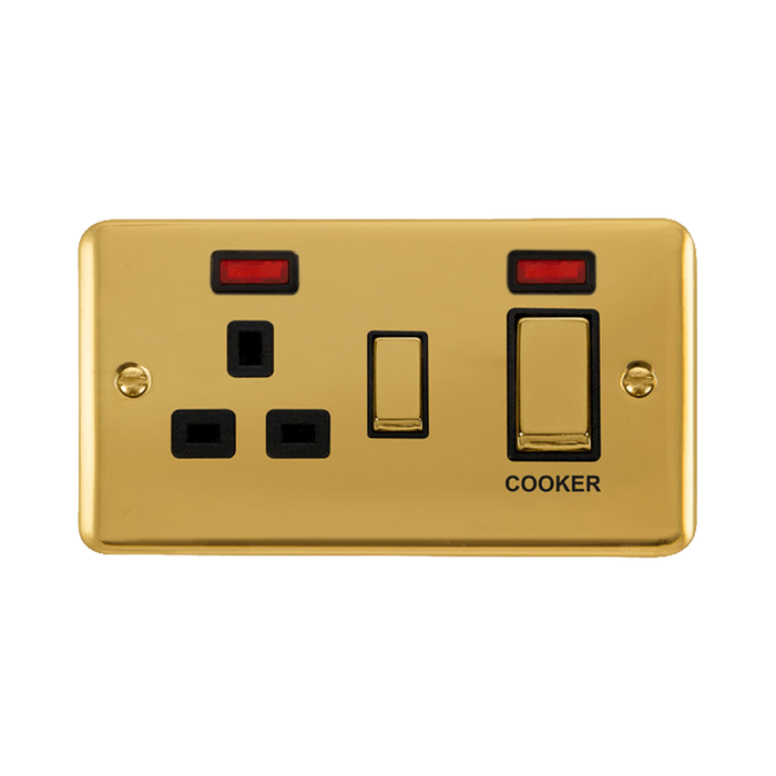 Front view of Click Deco Plus Polished Brass 45A Cooker Switch with 13A Socket