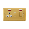 Front view of Click Deco Plus Polished Brass 45A Cooker Switch with 13A Socket