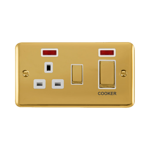 Front view of Click Deco Plus Polished Brass 45A Cooker Switch with 13A Socket