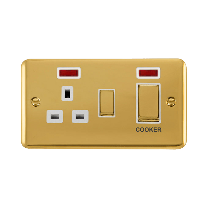 Front view of Click Deco Plus Polished Brass 45A Cooker Switch with 13A Socket