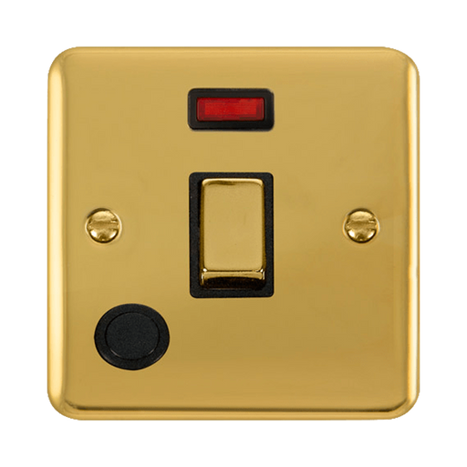 Front view of Click Deco Plus Polished Brass 20A Double Pole Switch with Neon and Flex