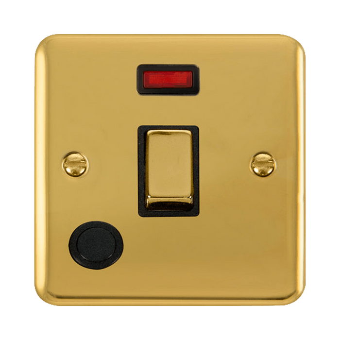Front view of Click Deco Plus Polished Brass 20A Double Pole Switch with Neon and Flex