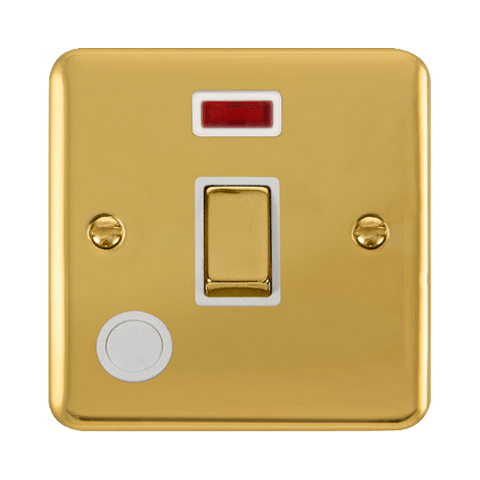 Front view of Click Deco Plus Polished Brass 20A Double Pole Switch with Neon and Flex
