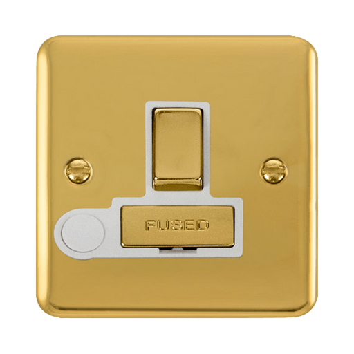 Front view of Click Deco Plus Polished Brass 13A Switched Spur with Flex