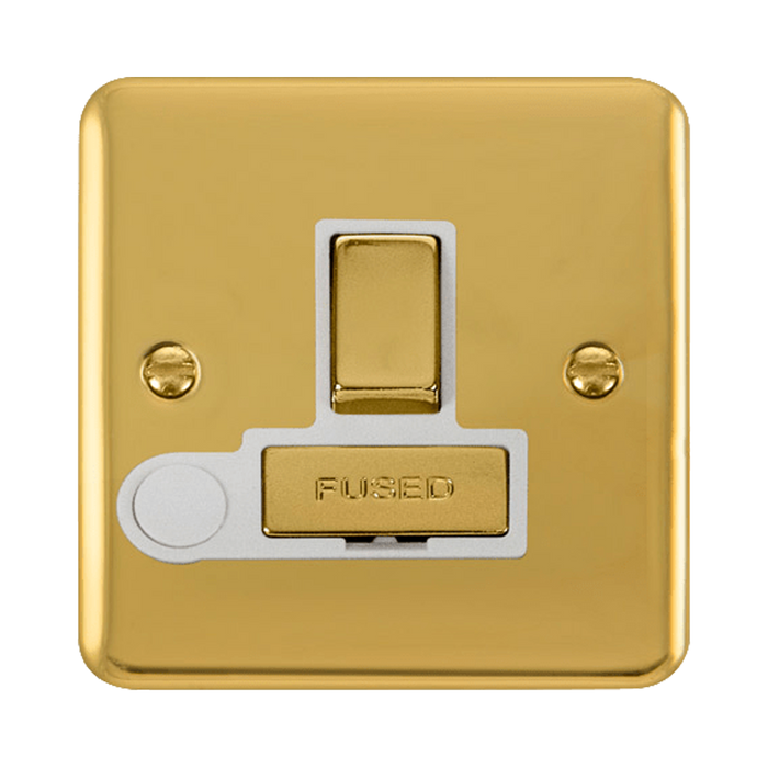 Front view of Click Deco Plus Polished Brass 13A Switched Spur with Flex