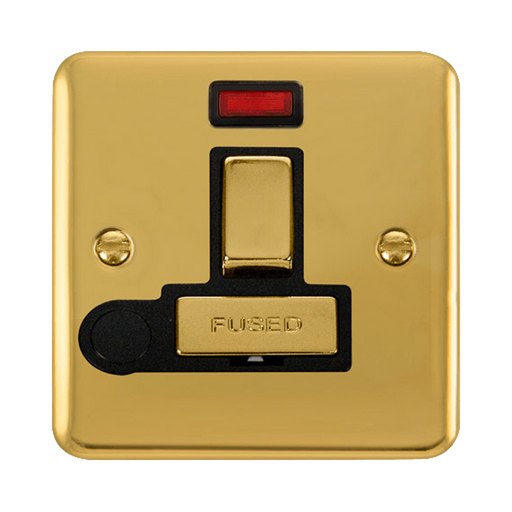 Front view of Click Deco Plus Polished Brass 13A Switched Spur with Flex and Neon