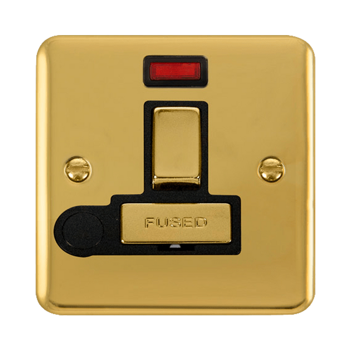 Front view of Click Deco Plus Polished Brass 13A Switched Spur with Flex and Neon