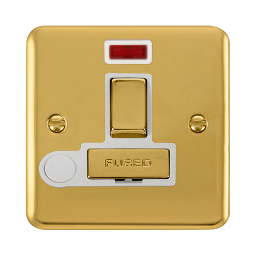 Front view of Click Deco Plus Polished Brass 13A Switched Spur with Flex and Neon