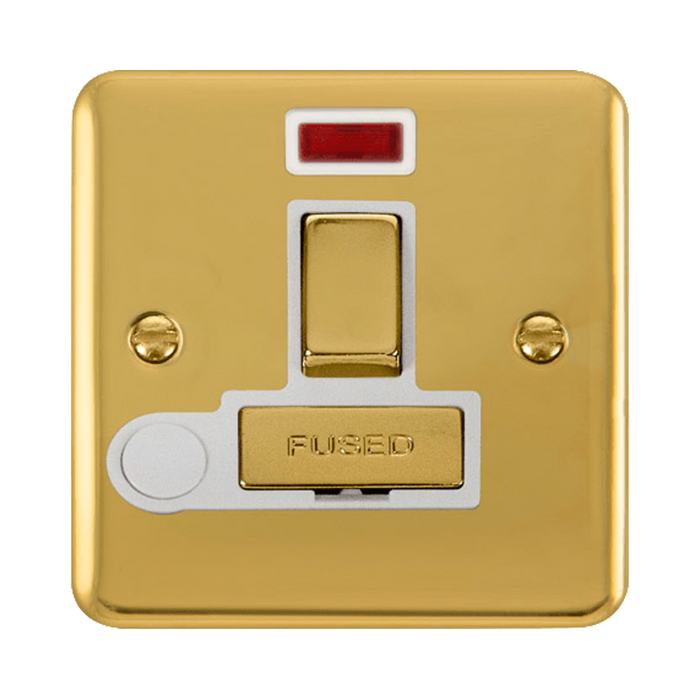 Front view of Click Deco Plus Polished Brass 13A Switched Spur with Flex and Neon
