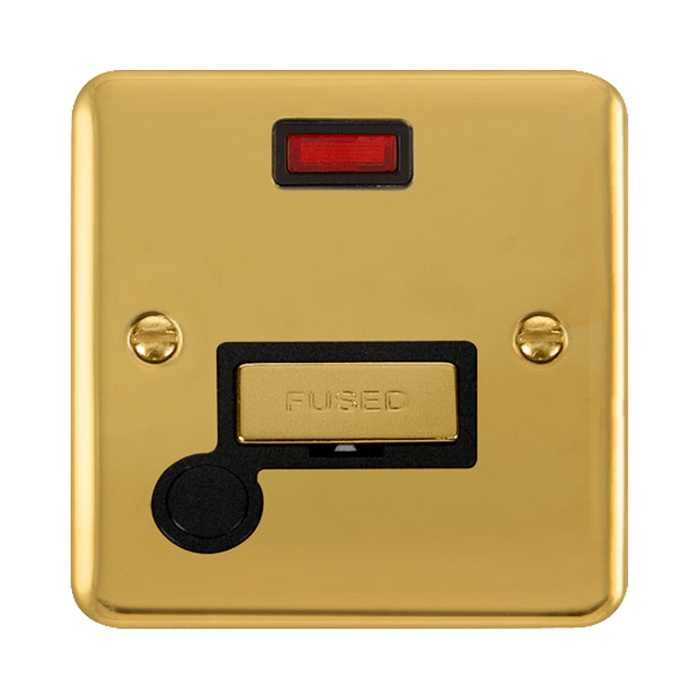 Front view of Click Deco Plus Polished Brass 13A Fused Connection Unit with Neon and Flex