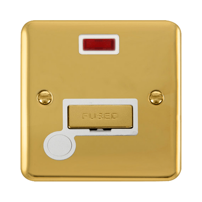 Front view of Click Deco Plus Polished Brass 13A Fused Connection Unit with Neon and Flex