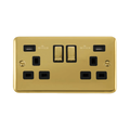 Front view of Click Deco Plus Polished Brass 13A Double USB Socket