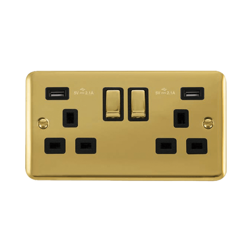 Front view of Click Deco Plus Polished Brass 13A Double USB Socket