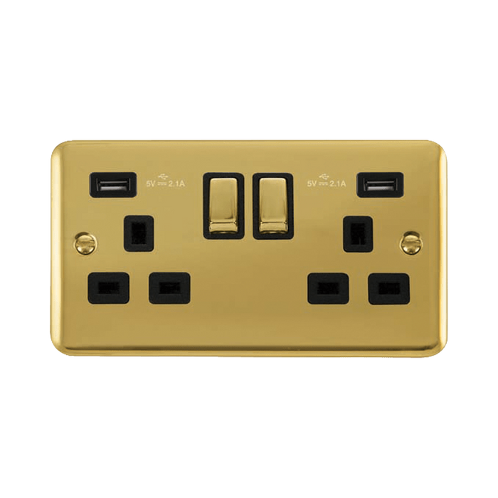 Front view of Click Deco Plus Polished Brass 13A Double USB Socket