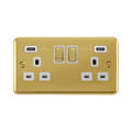 Front view of Click Deco Plus Polished Brass 13A Double USB Socket