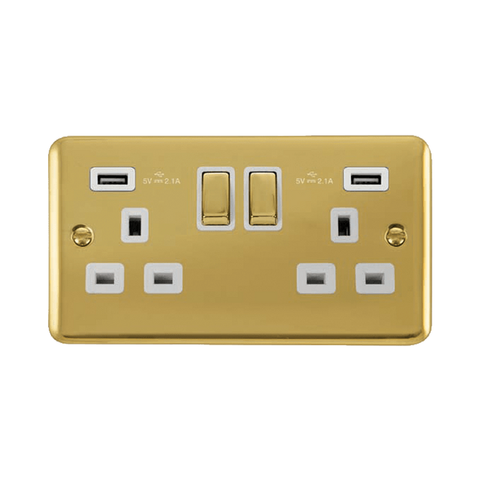 Front view of Click Deco Plus Polished Brass 13A Double USB Socket