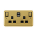Front view of Click Deco Plus polished brass double USB-A and USB-C socket with black inserts, DPBR586BK