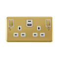 Front view of Click Deco Plus polished brass double USB-A and USB-C socket with white inserts, DPBR586WH