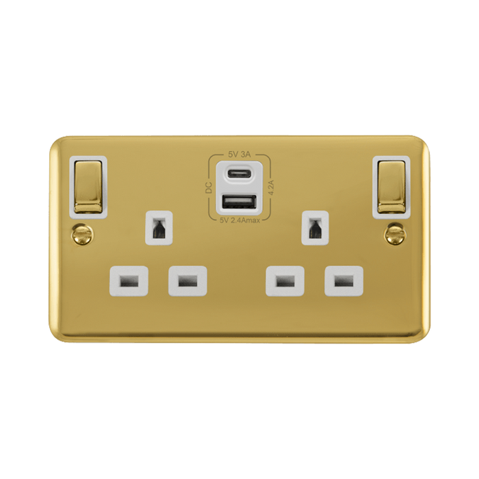 Front view of Click Deco Plus polished brass double USB-A and USB-C socket with white inserts, DPBR586WH