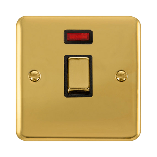 Front view of Click Deco Plus Polished Brass 20A Double Pole Switch with Neon