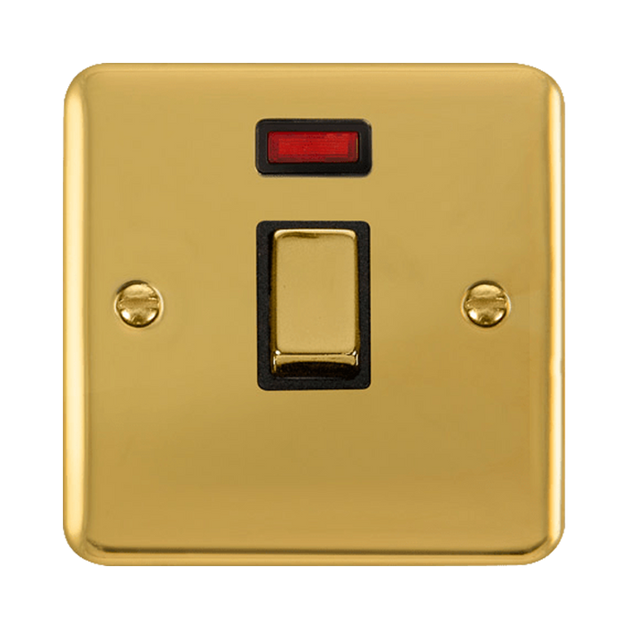 Front view of Click Deco Plus Polished Brass 20A Double Pole Switch with Neon