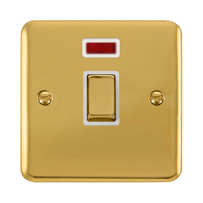 Front view of Click Deco Plus Polished Brass 20A Double Pole Switch with Neon
