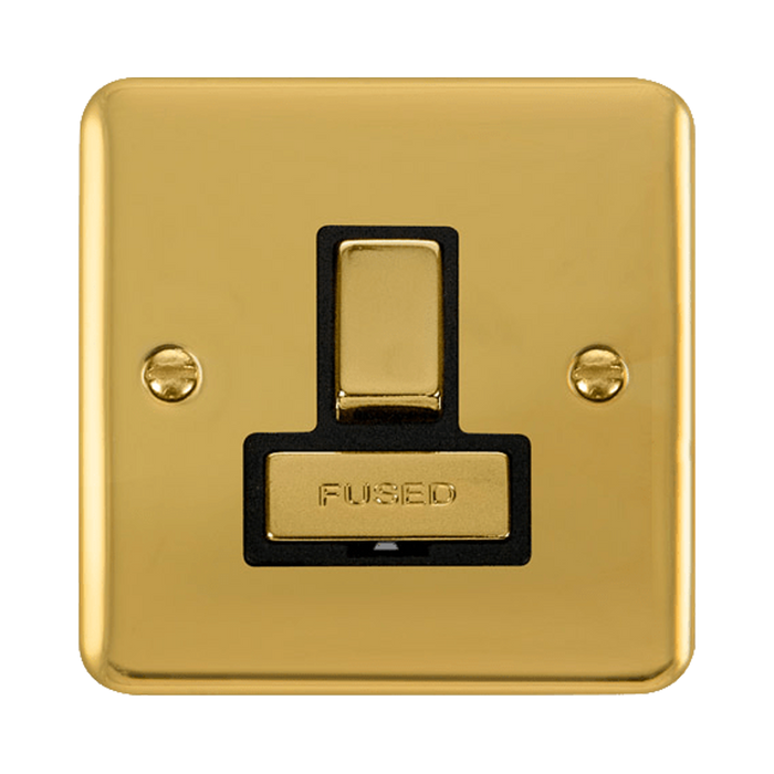 Front view of Click Deco Plus Polished Brass 13A Switched Spur