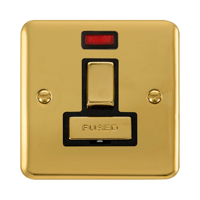 Front view of Click Deco Plus Polished Brass 13A Switched Spur with Neon