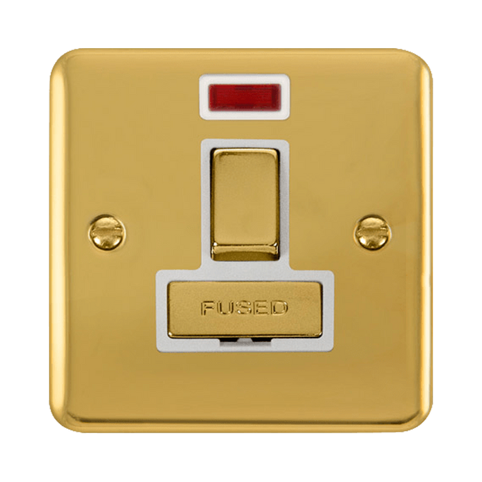 Front view of Click Deco Plus Polished Brass 13A Switched Spur with Neon