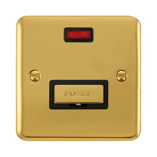 Front view of Click Deco Plus Polished Brass 13A Unswitched Spur with Neon