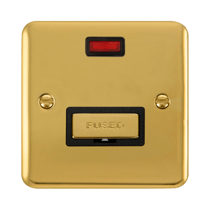 Front view of Click Deco Plus Polished Brass 13A Unswitched Spur with Neon