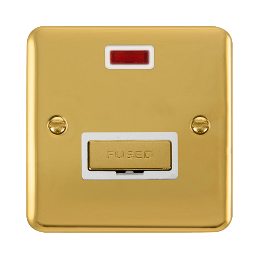 Front view of Click Deco Plus Polished Brass 13A Unswitched Spur with Neon