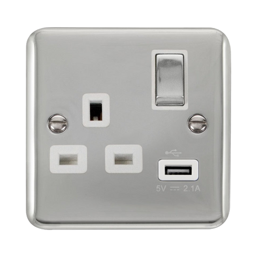 Click Deco Plus Polished Chrome 13A 1G Switched Socket & 2.1A USB Outlet DPCH571WH