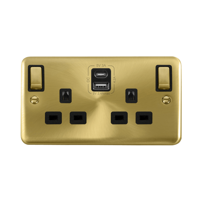Click Deco Plus Satin Brass 13A Double A+C USB Socket DPSB586BK