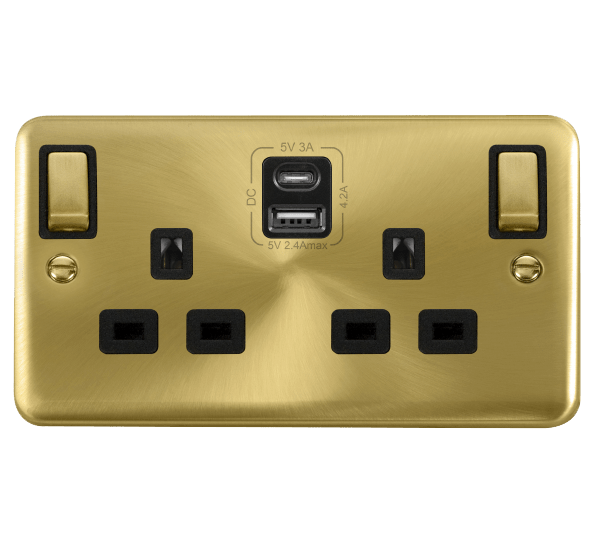 Click Deco Plus Satin Brass 13A 2 Gang Switched Socket Outlet With Type A & C USB (4.2A) Outlets DPSB586BK