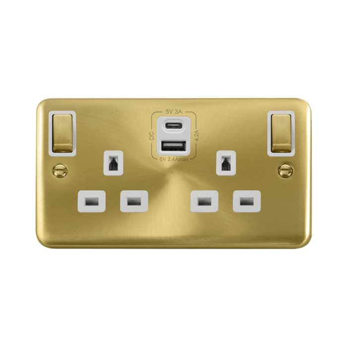 Click Deco Plus Satin Brass 13A Double A+C USB Socket DPSB586WH