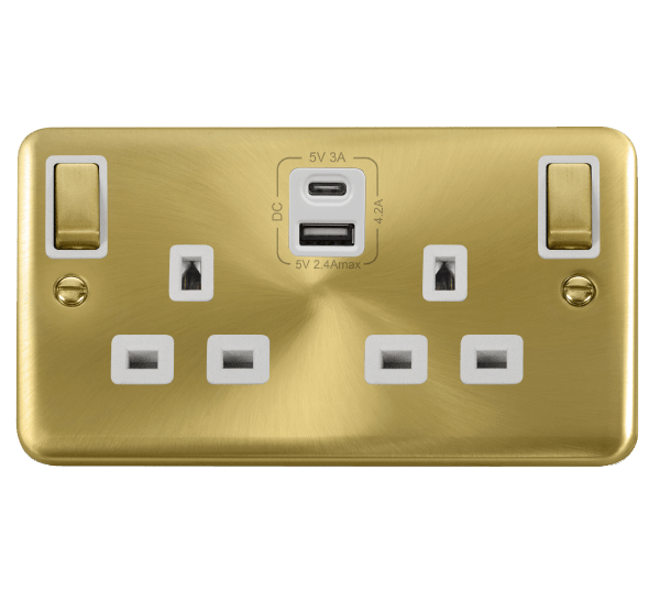 Click Deco Plus Satin Brass 13A 2 Gang Switched Socket Outlet With Type A & C USB (4.2A) Outlets DPSB586WH