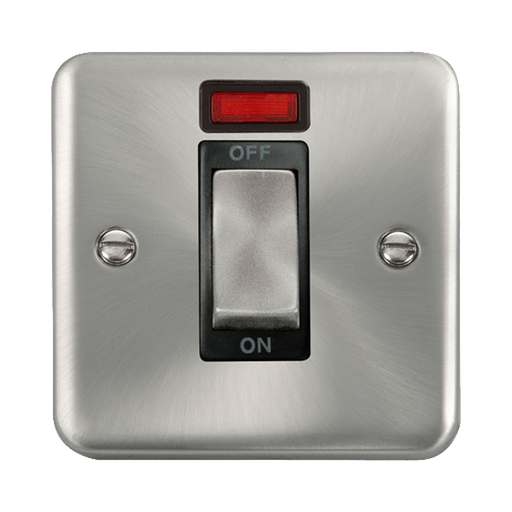 Front view of Click Deco Plus Satin Chrome 45A Cooker Switch with Neon