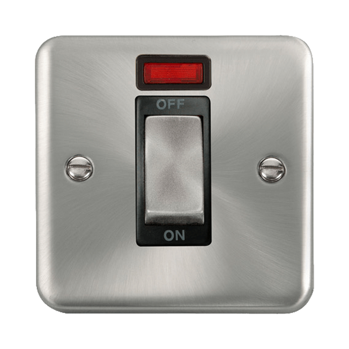 Front view of Click Deco Plus Satin Chrome 45A Cooker Switch with Neon