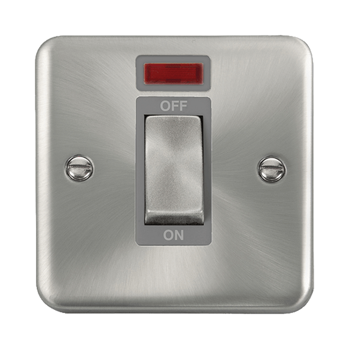Front view of Click Deco Plus Satin Chrome 45A Cooker Switch with Neon