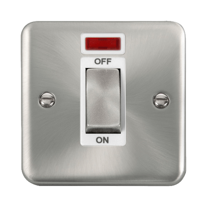 Front view of Click Deco Plus Satin Chrome 45A Cooker Switch with Neon